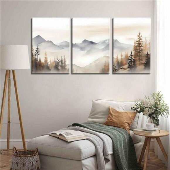 Neutral Mountain Wall Art Set Framed Abstract Forest Canvas for Living Room - Picture 6 of 7